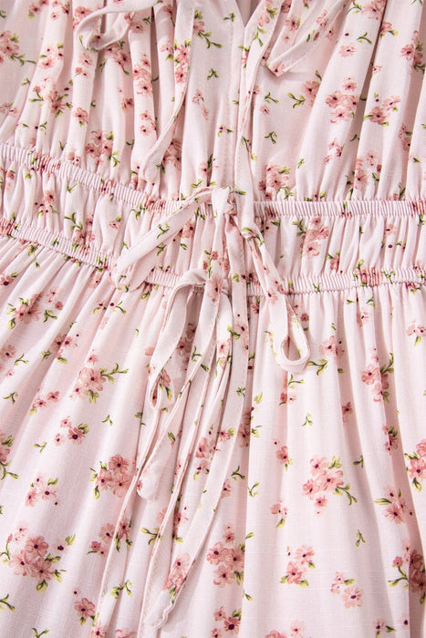 Pink Floral Ruffle Sleeve Front Tie Shirred Waist Mini Dress - LECCE