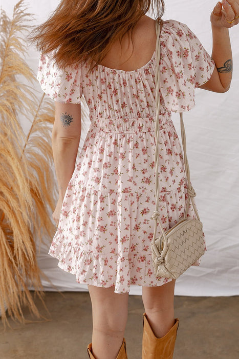 Pink Floral Ruffle Sleeve Front Tie Shirred Waist Mini Dress - LECCE