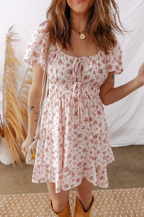Pink Floral Ruffle Sleeve Front Tie Shirred Waist Mini Dress - LECCE
