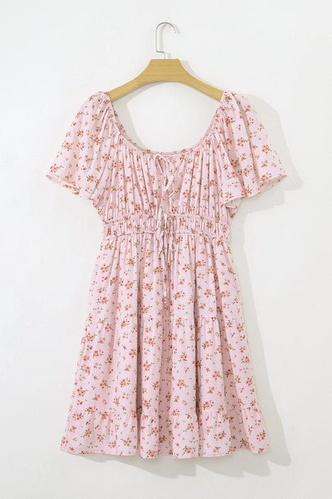 Pink Floral Ruffle Sleeve Front Tie Shirred Waist Mini Dress - LECCE