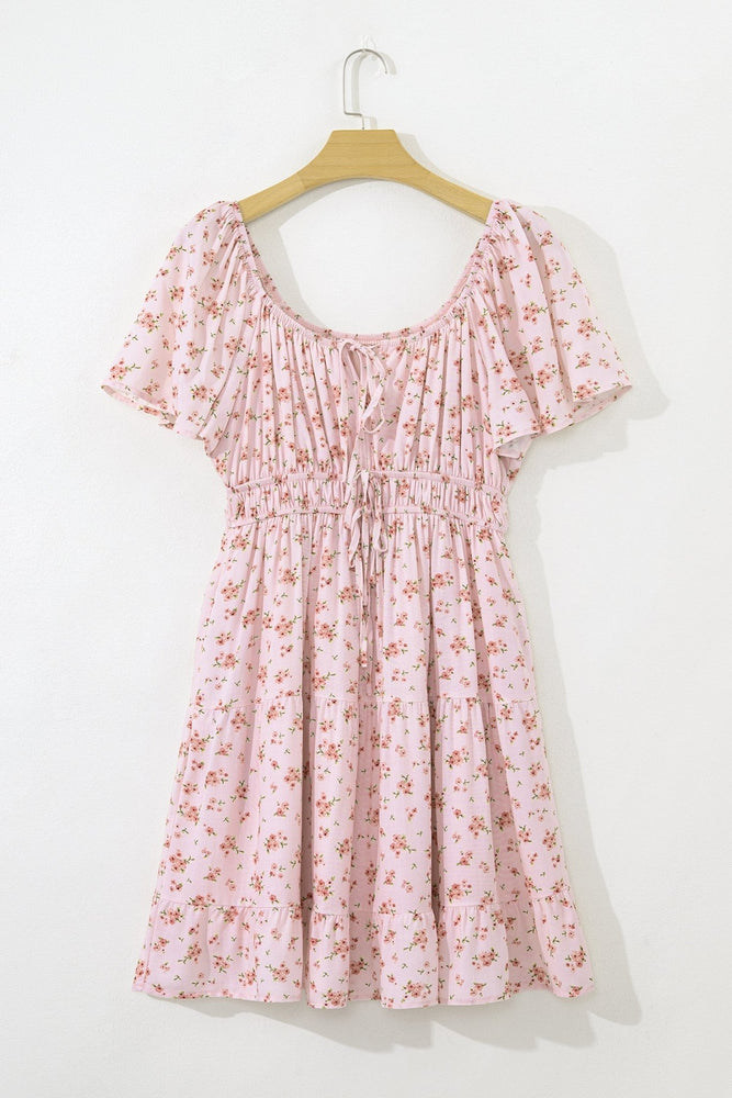 Pink Floral Ruffle Sleeve Front Tie Shirred Waist Mini Dress - LECCE