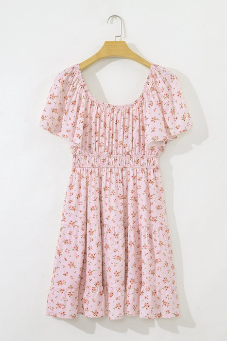 Pink Floral Ruffle Sleeve Front Tie Shirred Waist Mini Dress - LECCE