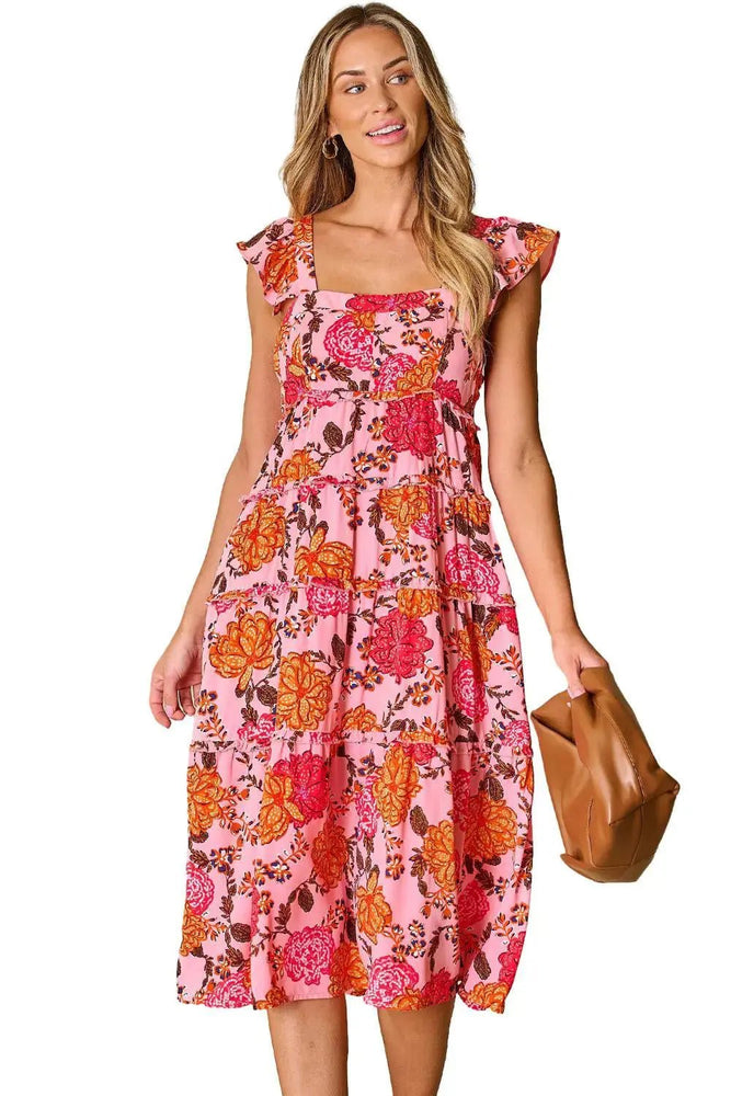 Pink Floral Square Neck Ruffled Flutter Sleeve Tiered Midi Dress - LECCE