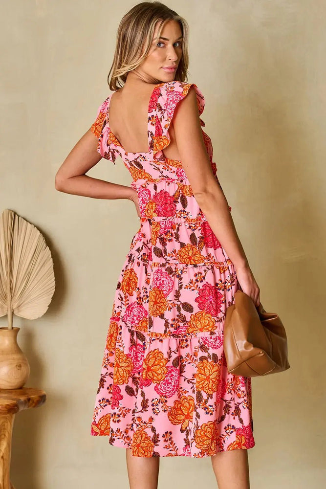 Pink Floral Square Neck Ruffled Flutter Sleeve Tiered Midi Dress - LECCE