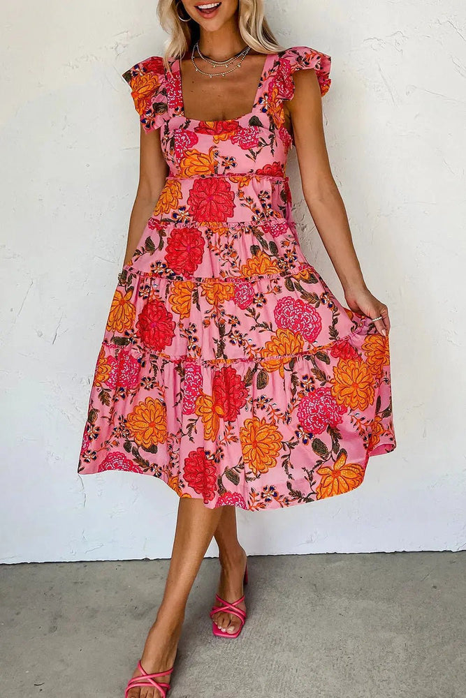 Pink Floral Square Neck Ruffled Flutter Sleeve Tiered Midi Dress - LECCE