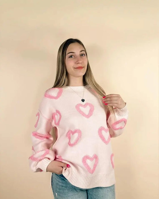 Pink Heart Shape Bubble Sleeve Baggy Sweater - LECCE