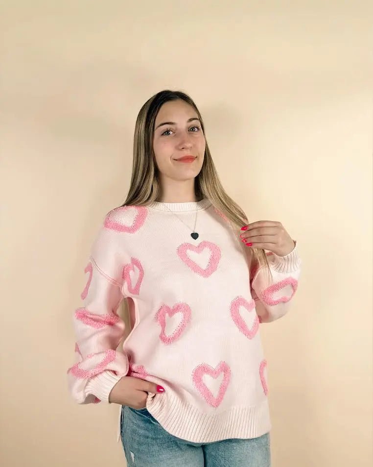 Pink Heart Shape Bubble Sleeve Baggy Sweater