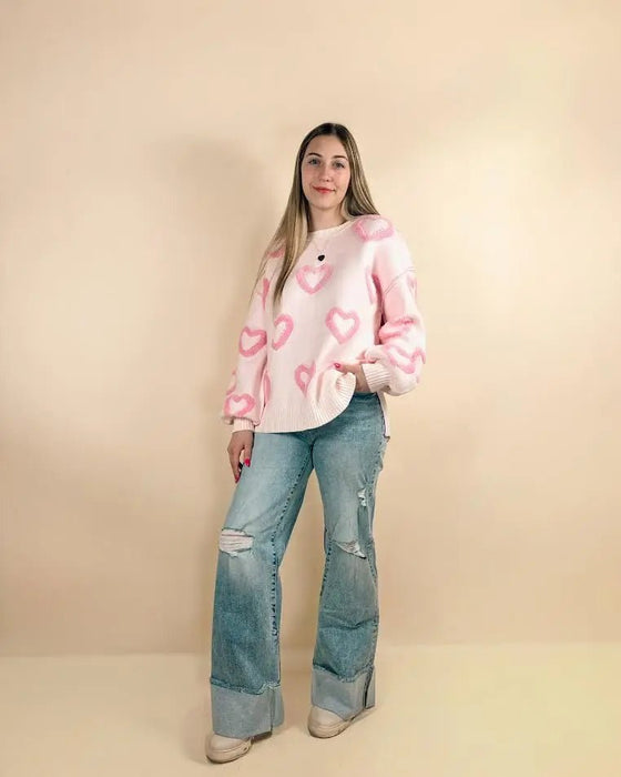 Pink Heart Shape Bubble Sleeve Baggy Sweater - LECCE