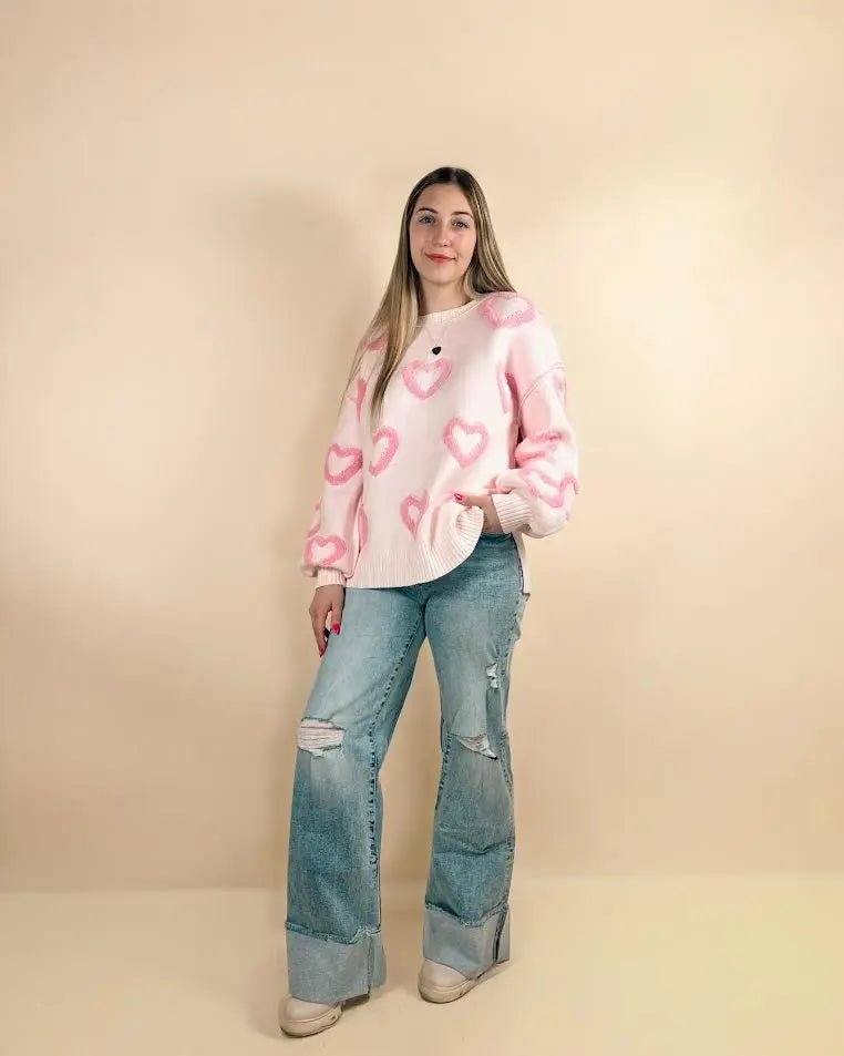 Pink Heart Shape Bubble Sleeve Baggy Sweater