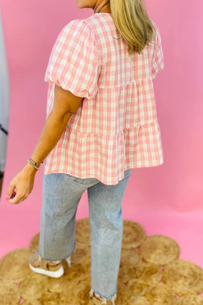 Pink Plaid Lace Bow Knot Blouse - LECCE