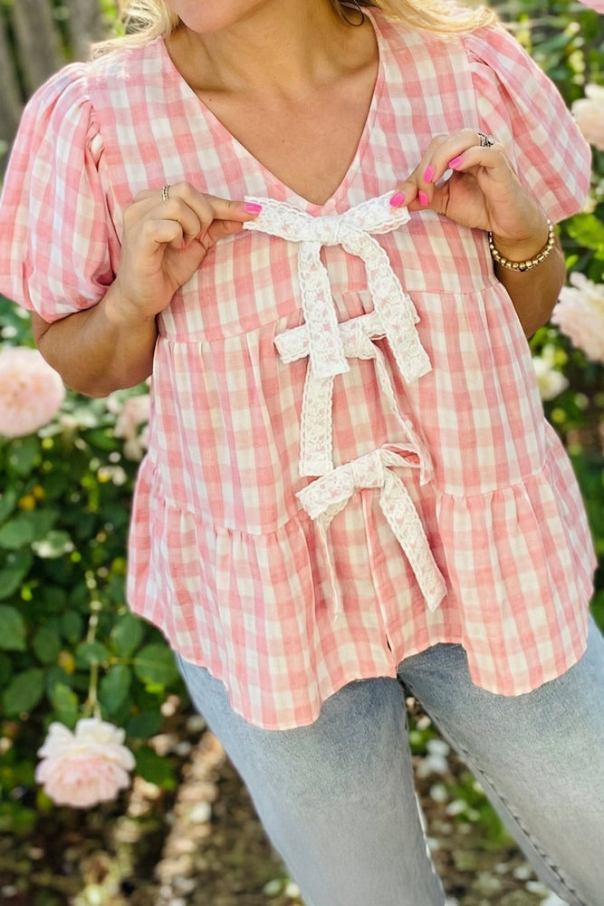 Pink Plaid Lace Bow Knot Blouse - LECCE