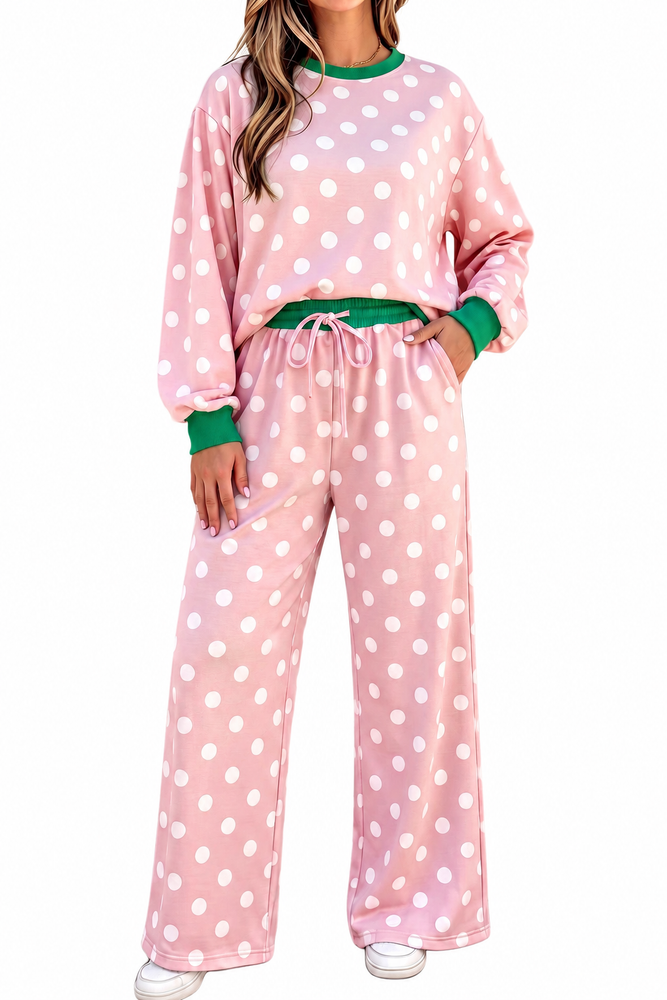 Pink Polka Dot Contrast Trim Long Sleeve Top Drawstring Shift Pants Set on white background
