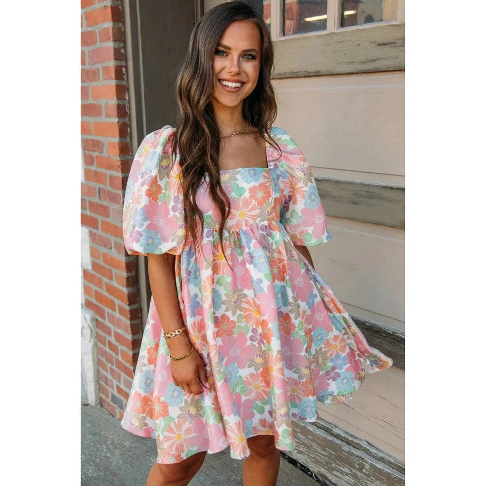 Pink Summer Floral Square Neck Puff Sleeve Babydoll Dress - LECCE