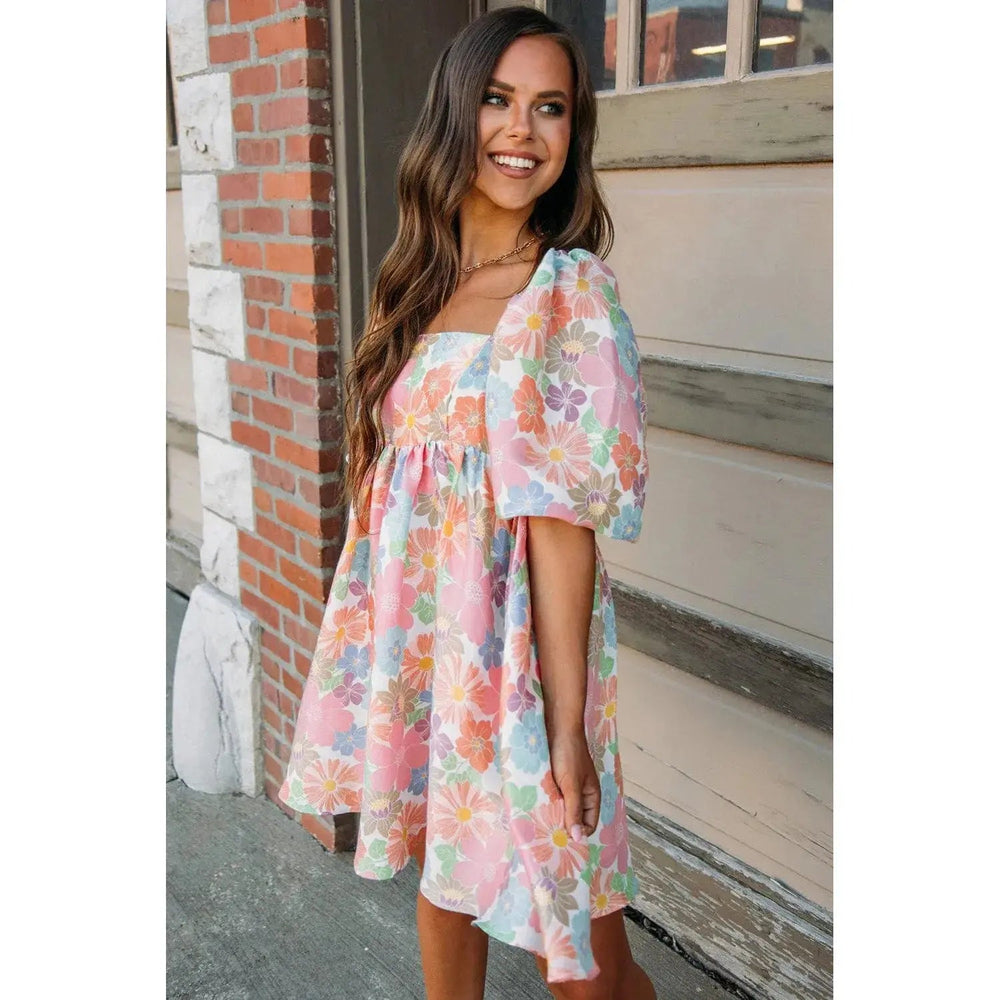 Pink Summer Floral Square Neck Puff Sleeve Babydoll Dress - LECCE