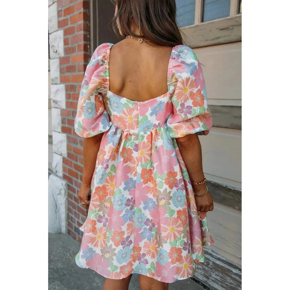 Pink Summer Floral Square Neck Puff Sleeve Babydoll Dress - LECCE