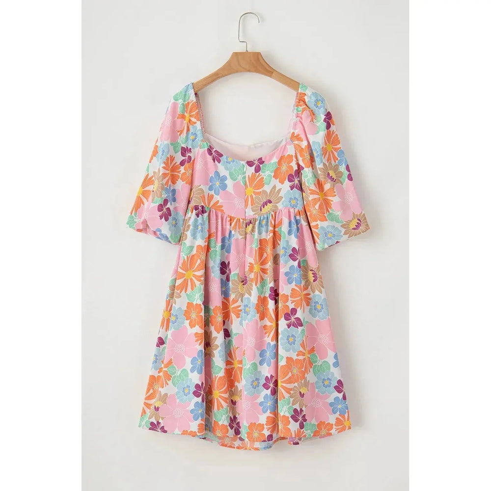 Pink Summer Floral Square Neck Puff Sleeve Babydoll Dress - LECCE