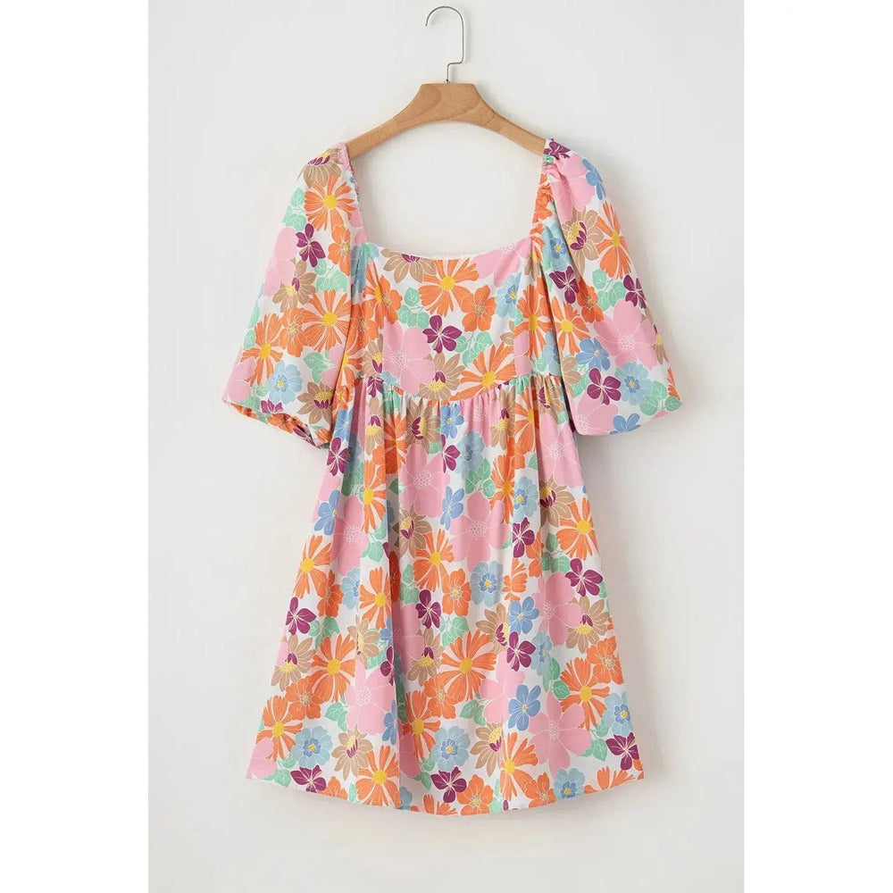 Pink Summer Floral Square Neck Puff Sleeve Babydoll Dress - LECCE