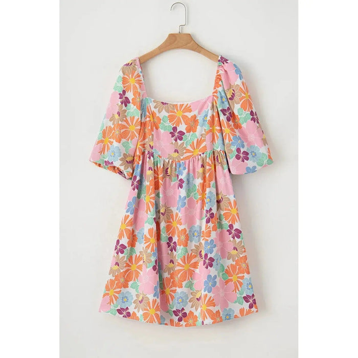 Pink Summer Floral Square Neck Puff Sleeve Babydoll Dress - LECCE