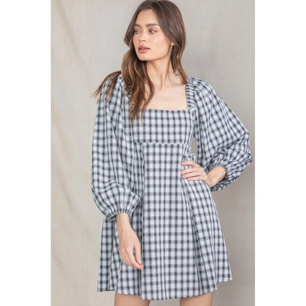 Plaid Babydoll Dress With Smocking Back Detail - LECCE