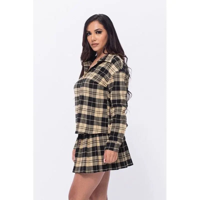 Plaid Loose Shirts and Pleated Skirt Set - LECCE
