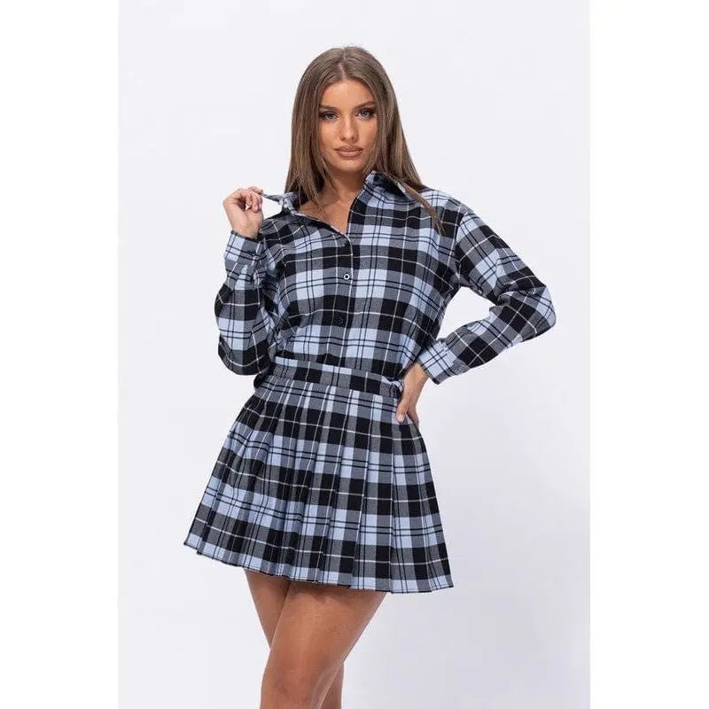 Plaid Loose Shirts and Pleated Skirt Set - LECCE