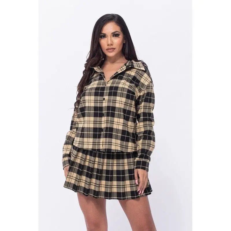 Plaid Loose Shirts and Pleated Skirt Set - LECCE