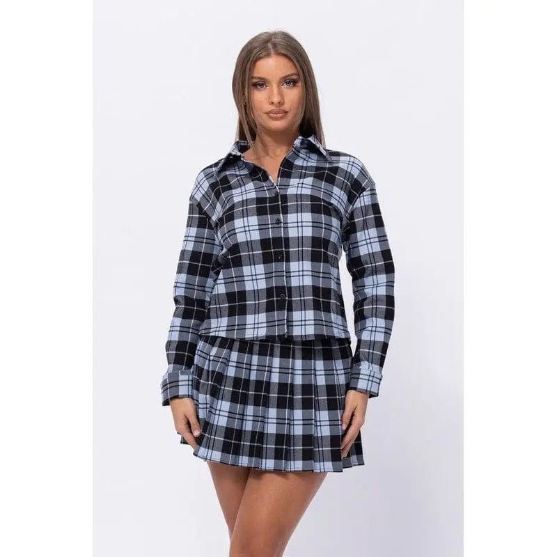 Plaid Loose Shirts and Pleated Skirt Set - LECCE