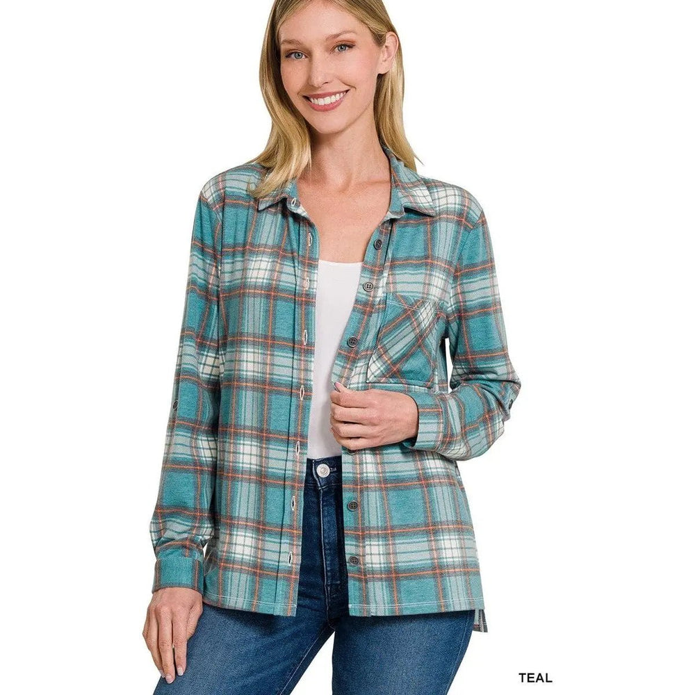 Plaid Roll - up Long Sleeve Shacket - LECCE