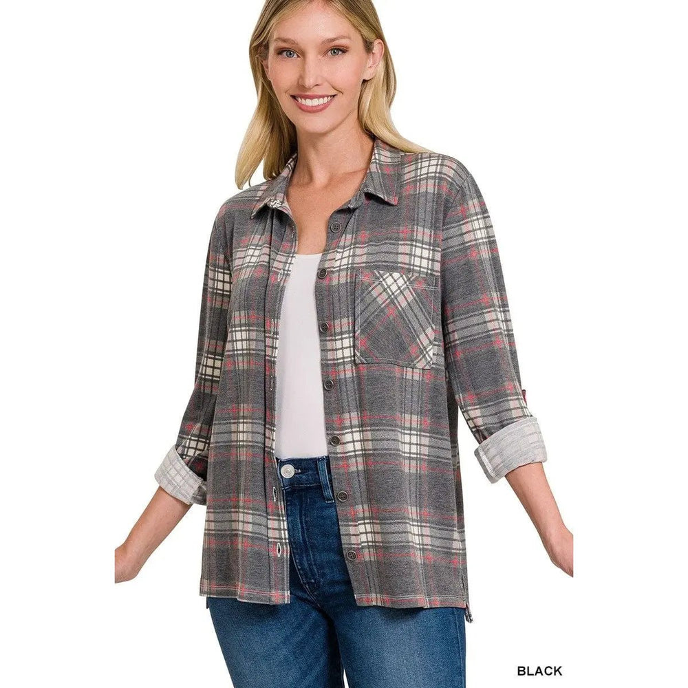 Plaid Roll - up Long Sleeve Shacket - LECCE