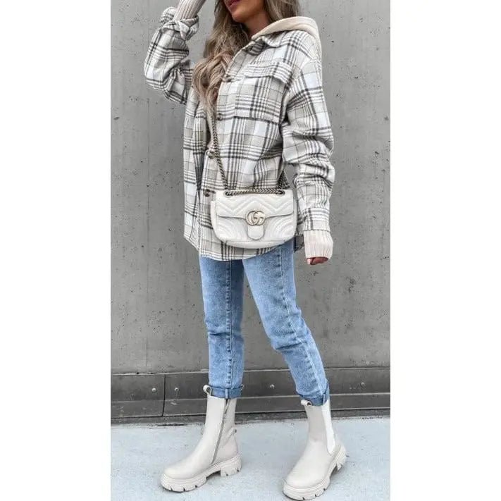 Abrigo estilo chaqueta estilo chaqueta a cuadros con capucha desmontable
