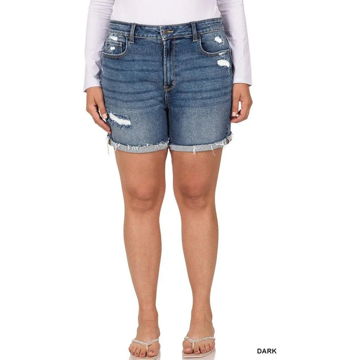 Plus Distressed Cuffed Raw Hem Denim Shorts - LECCE