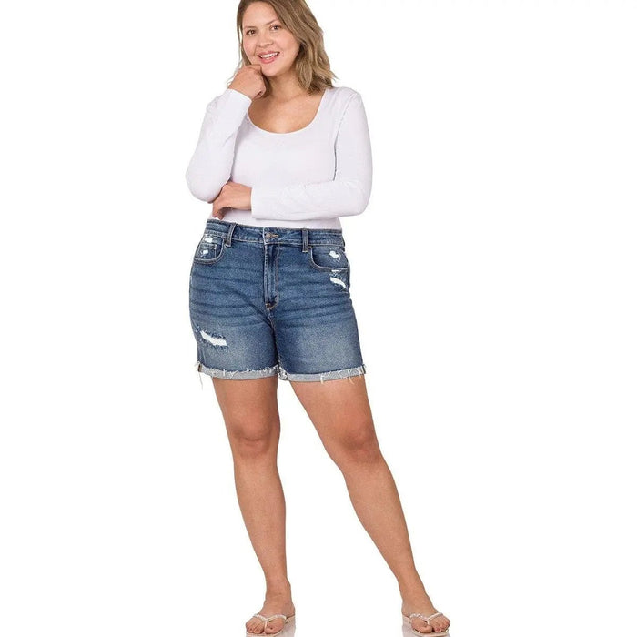 Plus Distressed Cuffed Raw Hem Denim Shorts - LECCE