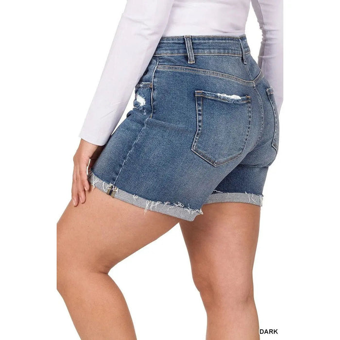 Plus Distressed Cuffed Raw Hem Denim Shorts - LECCE