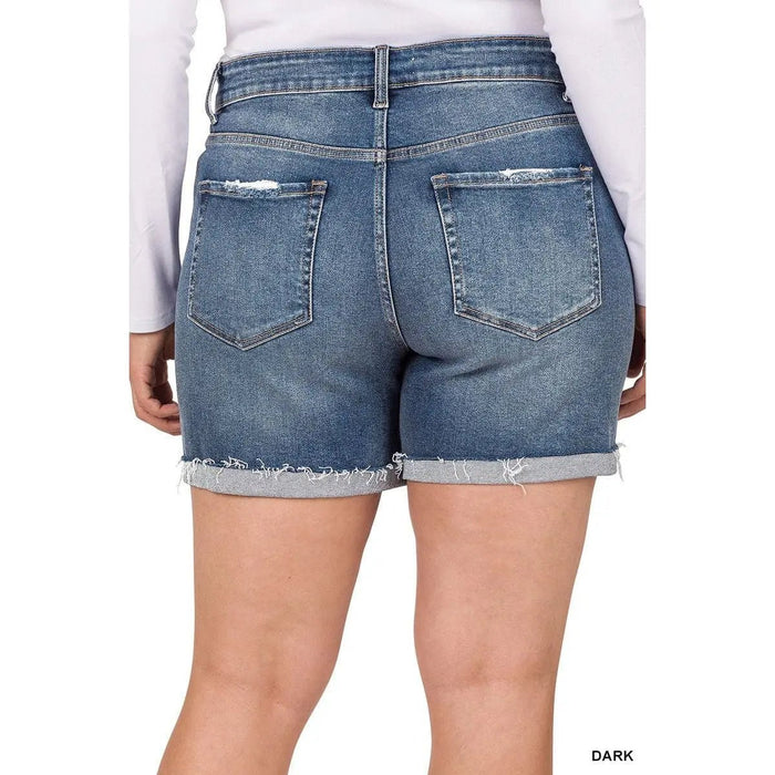 Plus Distressed Cuffed Raw Hem Denim Shorts - LECCE