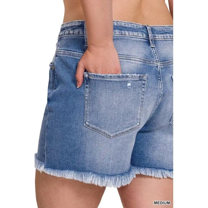 Plus Mid Rise Raw Frayed Hem Denim Shorts - LECCE