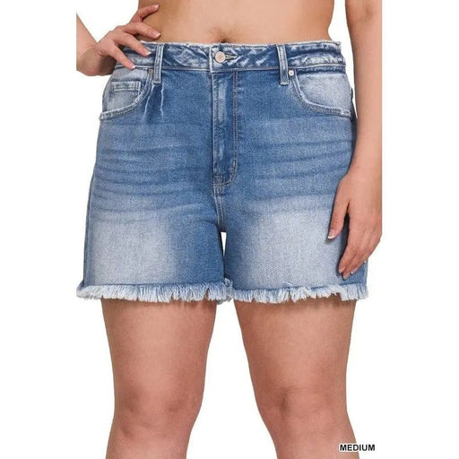 Plus Mid Rise Raw Frayed Hem Denim Shorts - LECCE