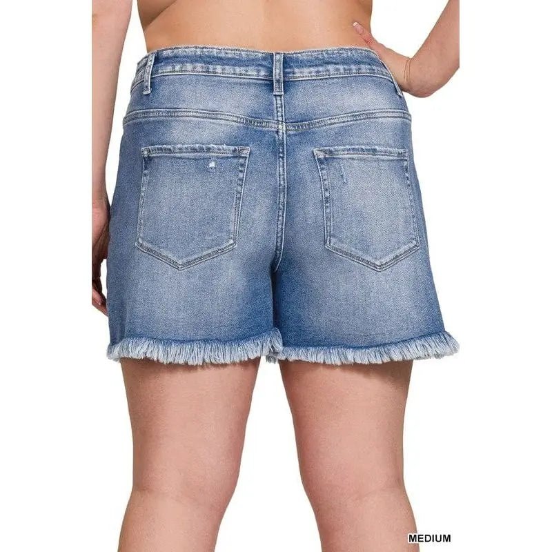 Plus Mid Rise Raw Frayed Hem Denim Shorts - LECCE