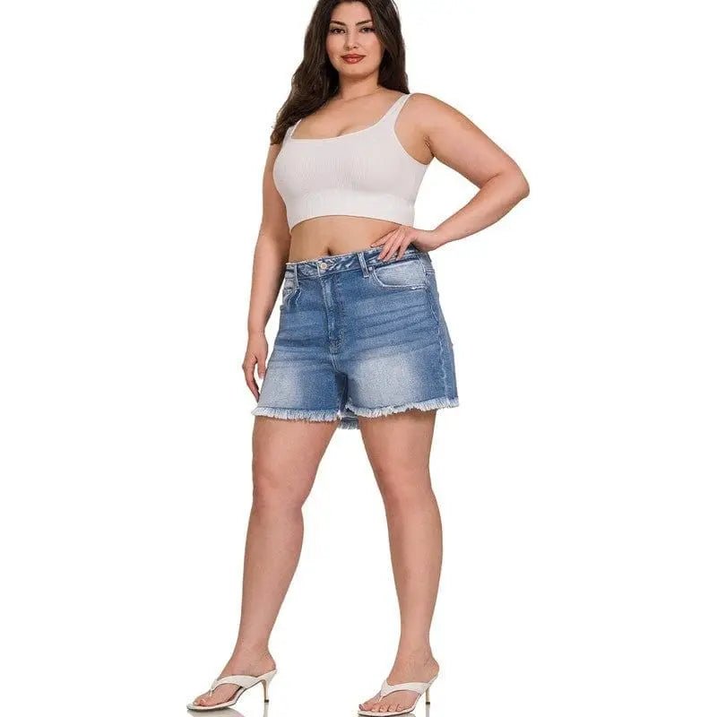 Plus Mid Rise Raw Frayed Hem Denim Shorts - LECCE