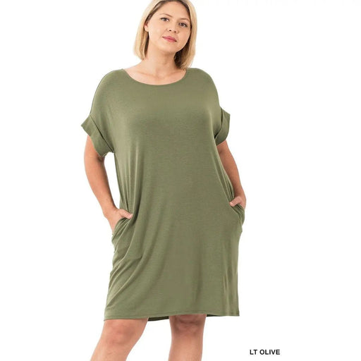 Plus Rolled Short Sleeve Round Neck Dress - LECCE