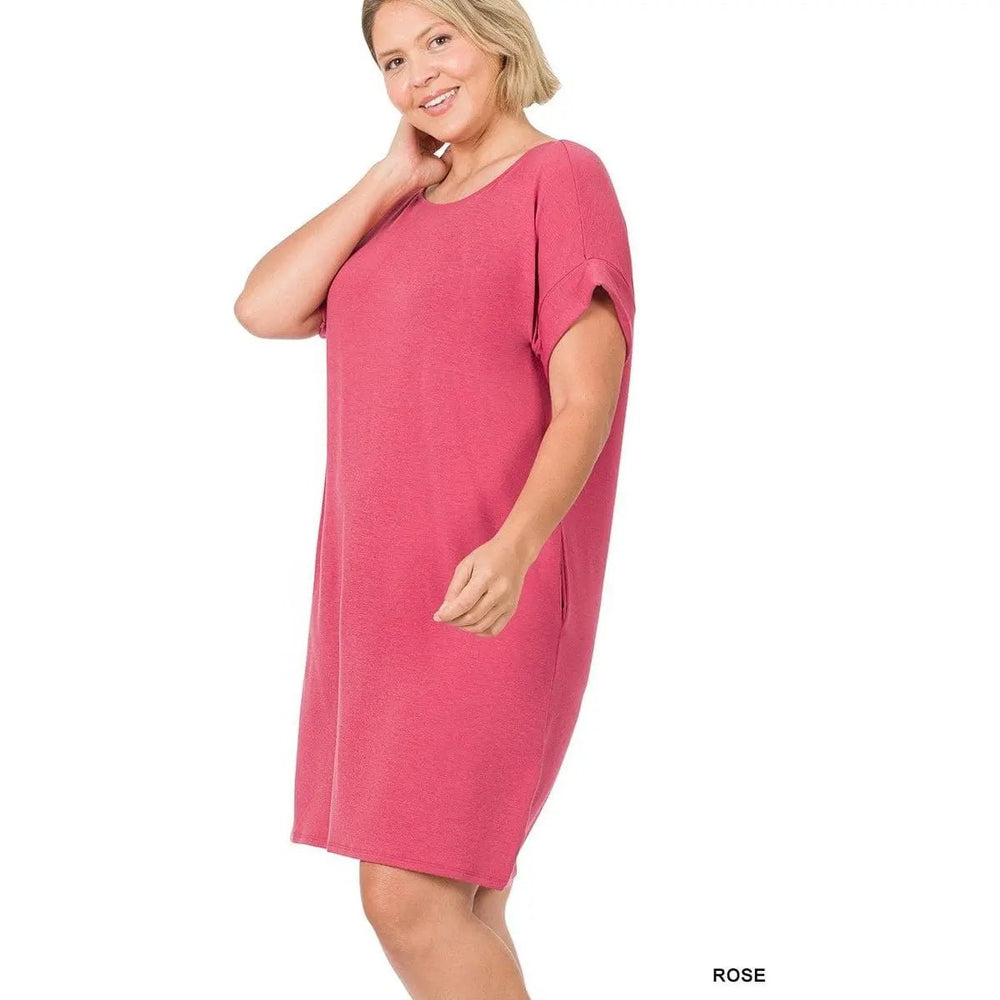 Plus Rolled Short Sleeve Round Neck Dress - LECCE