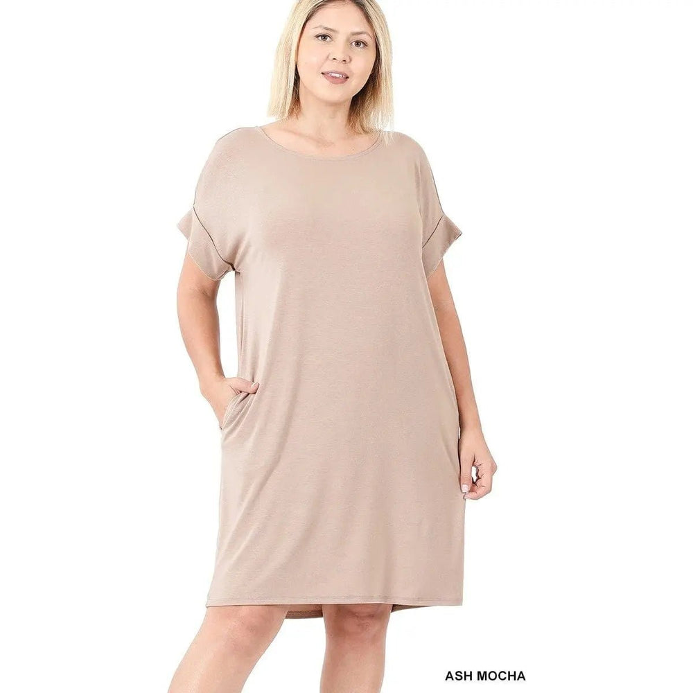 Plus Rolled Short Sleeve Round Neck Dress - LECCE
