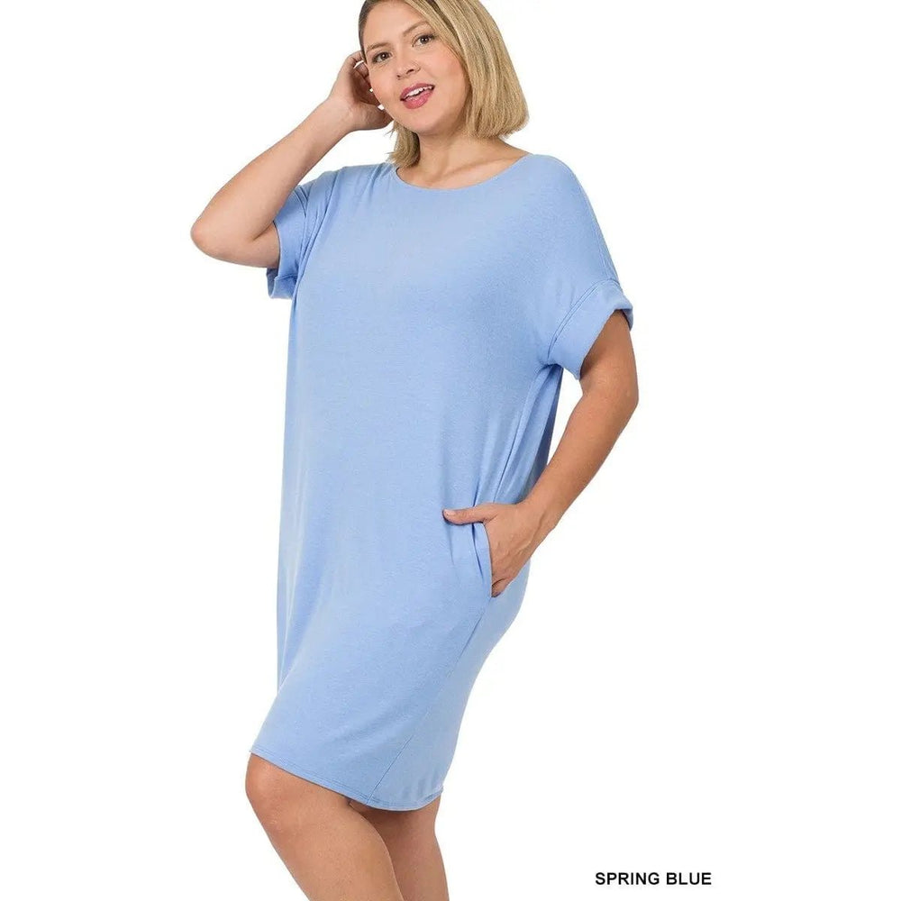 Plus Rolled Short Sleeve Round Neck Dress - LECCE