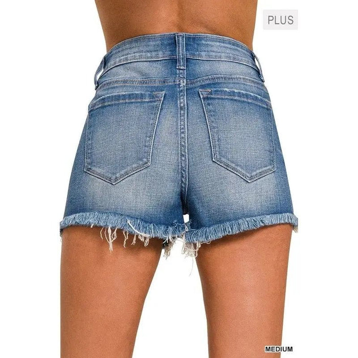 Plus Size Mid Rise Raw Frayed Hem Denim Shorts - LECCE