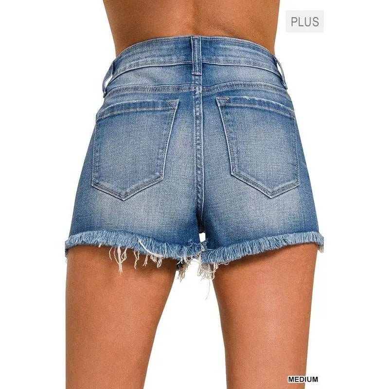 Plus Size Mid Rise Raw Frayed Hem Denim Shorts - LECCE