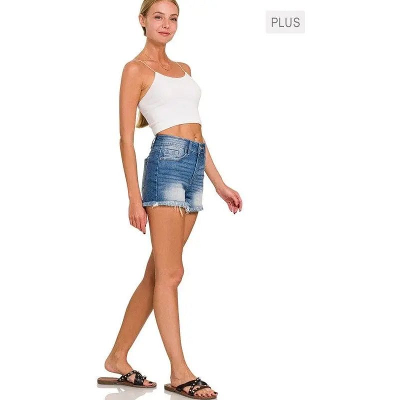 Plus Size Mid Rise Raw Frayed Hem Denim Shorts - LECCE