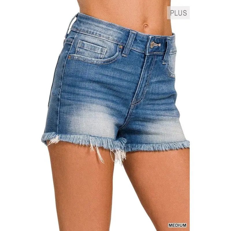 Plus Size Mid Rise Raw Frayed Hem Denim Shorts - LECCE