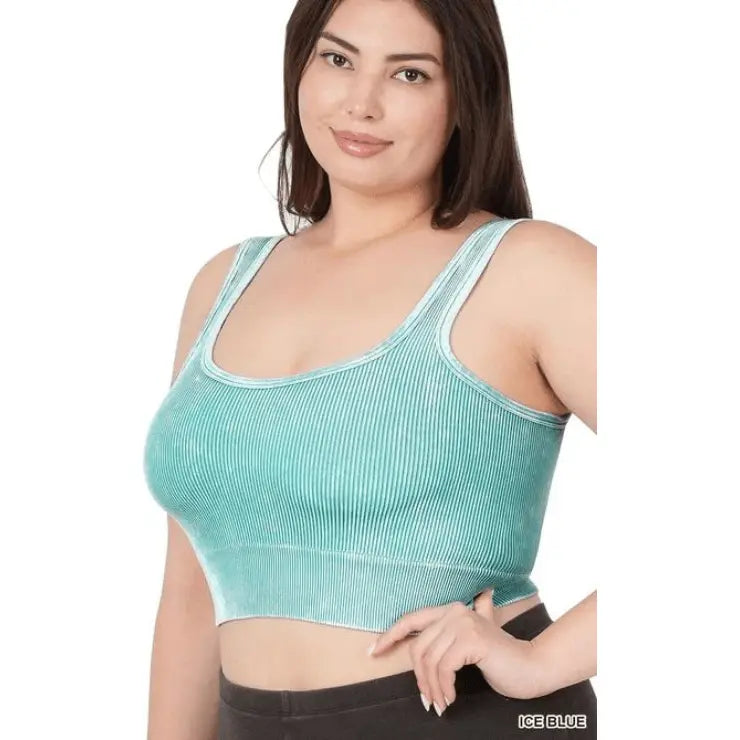 Plus Washed Ribbed Square Neck Cropped Tank Top - LECCE