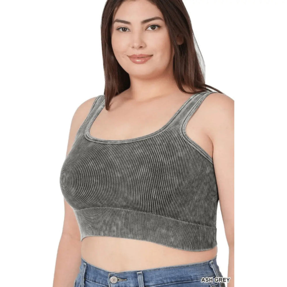 Plus Washed Ribbed Square Neck Cropped Tank Top - LECCE