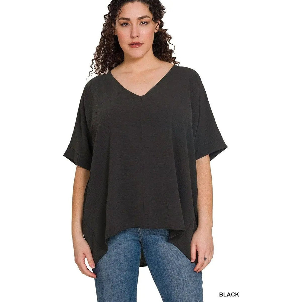 Plus Woven Airflow V - neck Dolman Short Sleeve Top - LECCE