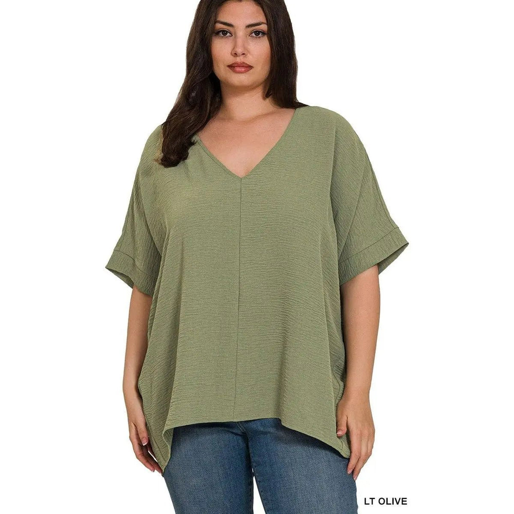 Plus Woven Airflow V - neck Dolman Short Sleeve Top - LECCE